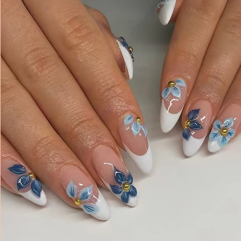 Gradient Flower Decor Almond Shaped Press-On Nails