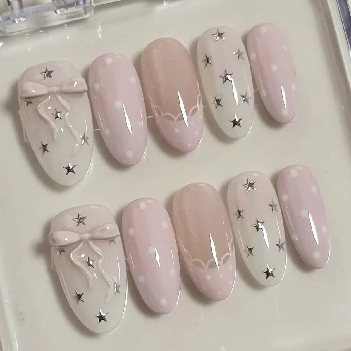 Silver Star Polka Dot Lace Korean-Style Handmade Press-on Nails