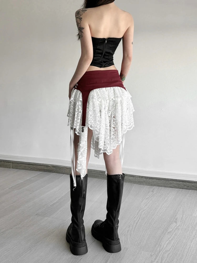 2026 Y2k Aesthetic Irregular Lace Mini Skirts Women High Waist Patchwork See Through Skirt Harajuku A-line Grunge Fairy Faldas