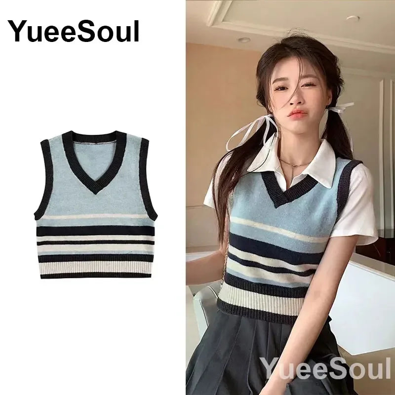 Vintage Knitted Women Sweater Vest American Y2K Aesthetic Sweet Cute 90s Slim Crop Waistcoat 2023 New Plaid Sleeveless Knitwears