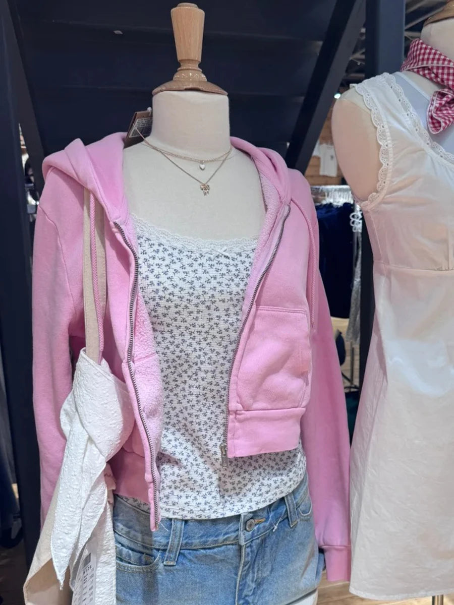 New Pink Zip-up Hoodie Woman Autumn Slim Zipper Drawstring Hooded Long Sleeve Cotton Sweatshirt Sweet Prppy Style Cute Crop Tops