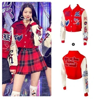 Korean Ive K-pop Stage Outfit Women Concert Outfits Hip-Hop Street Dancewear Performance Costume Baseball Jacket Loose
