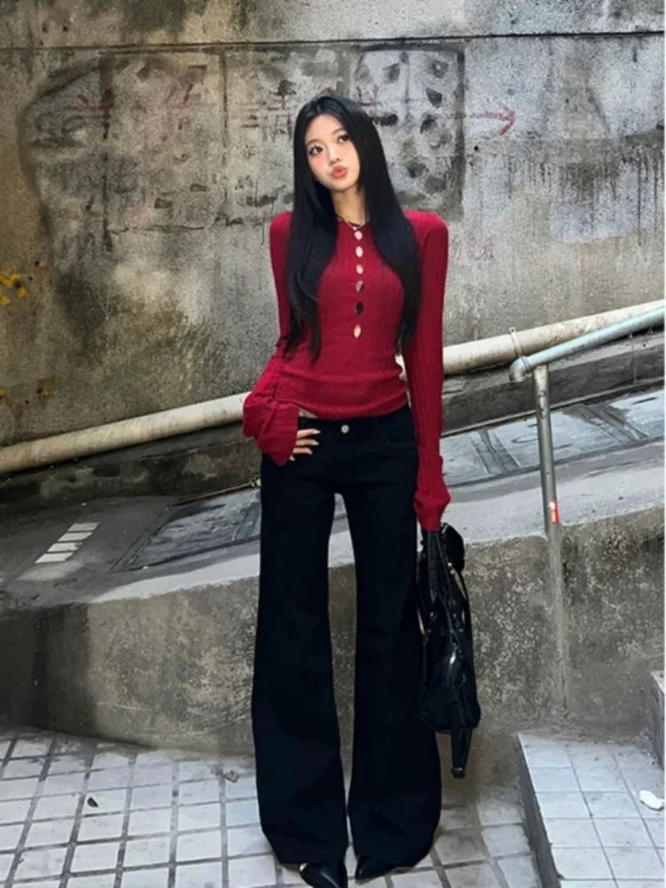 American retro spicy girl hollow hole knitted women's sweater autumn and winter Y2K retro slim fit women's tops millennium style