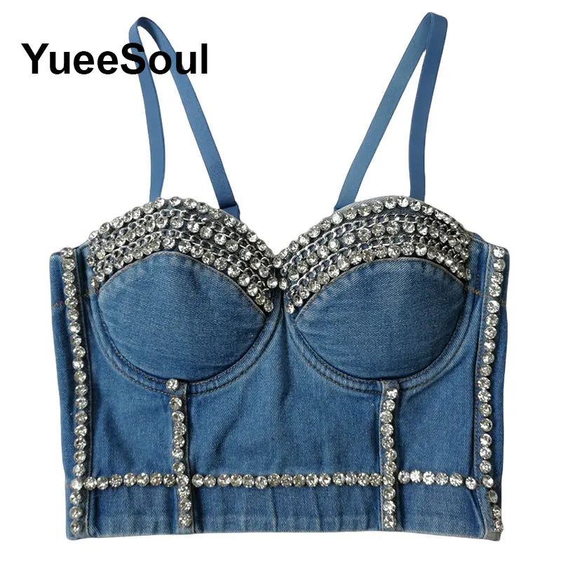 Denim Crop Tops Pearl Tassel Diamond Flower Blue Sleeveless Sexy Corset 2000s 2026 Summer New Y2K Party Evening Woman Clothes