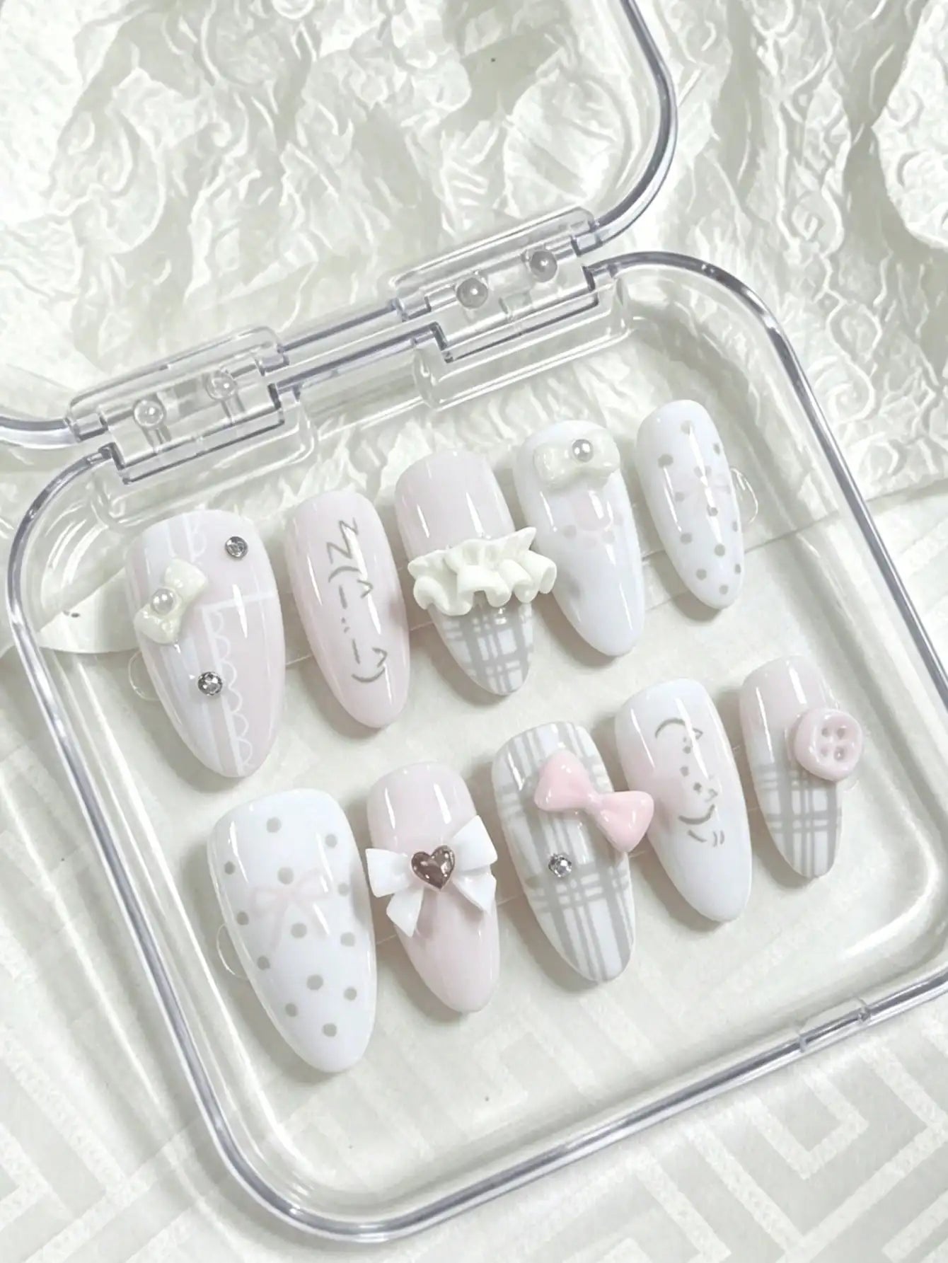 10 Pieces of Handmade Almond-Shaped Full-Cover Nail Tips, Medium Length, Pink and White Cherry Polka Dots, Soft and Sweet Style, Featuring 3D Cherry, Polka Dot, and Star Designs, Using Nude-Toned Cat Eye and 3D Decoration Tec