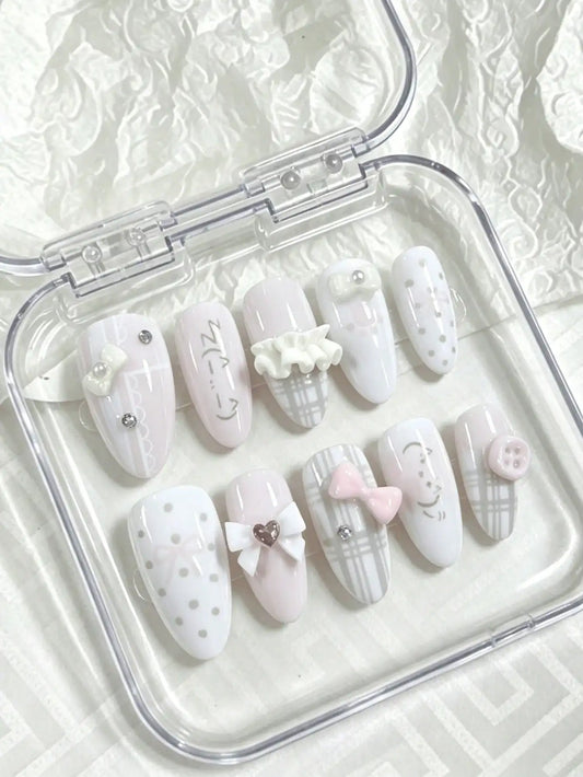 10 Pieces of Handmade Almond-Shaped Full-Cover Nail Tips, Medium Length, Pink and White Cherry Polka Dots, Soft and Sweet Style, Featuring 3D Cherry, Polka Dot, and Star Designs, Using Nude-Toned Cat Eye and 3D Decoration Tec