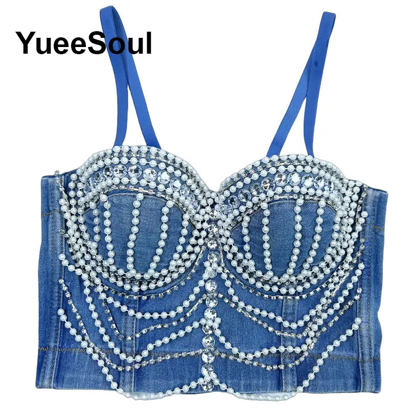 Denim Crop Tops Pearl Tassel Diamond Flower Blue Sleeveless Sexy Corset 2000s 2026 Summer New Y2K Party Evening Woman Clothes