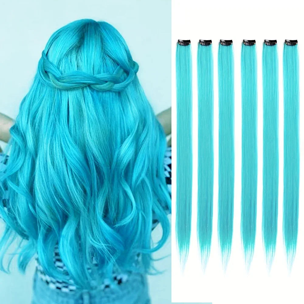 Clip in Hair Extensions Colored Party Highlights 22 inches 6pcs/pack Multi-colors Straight Hair Synthetic Hairpieces Royal Blue