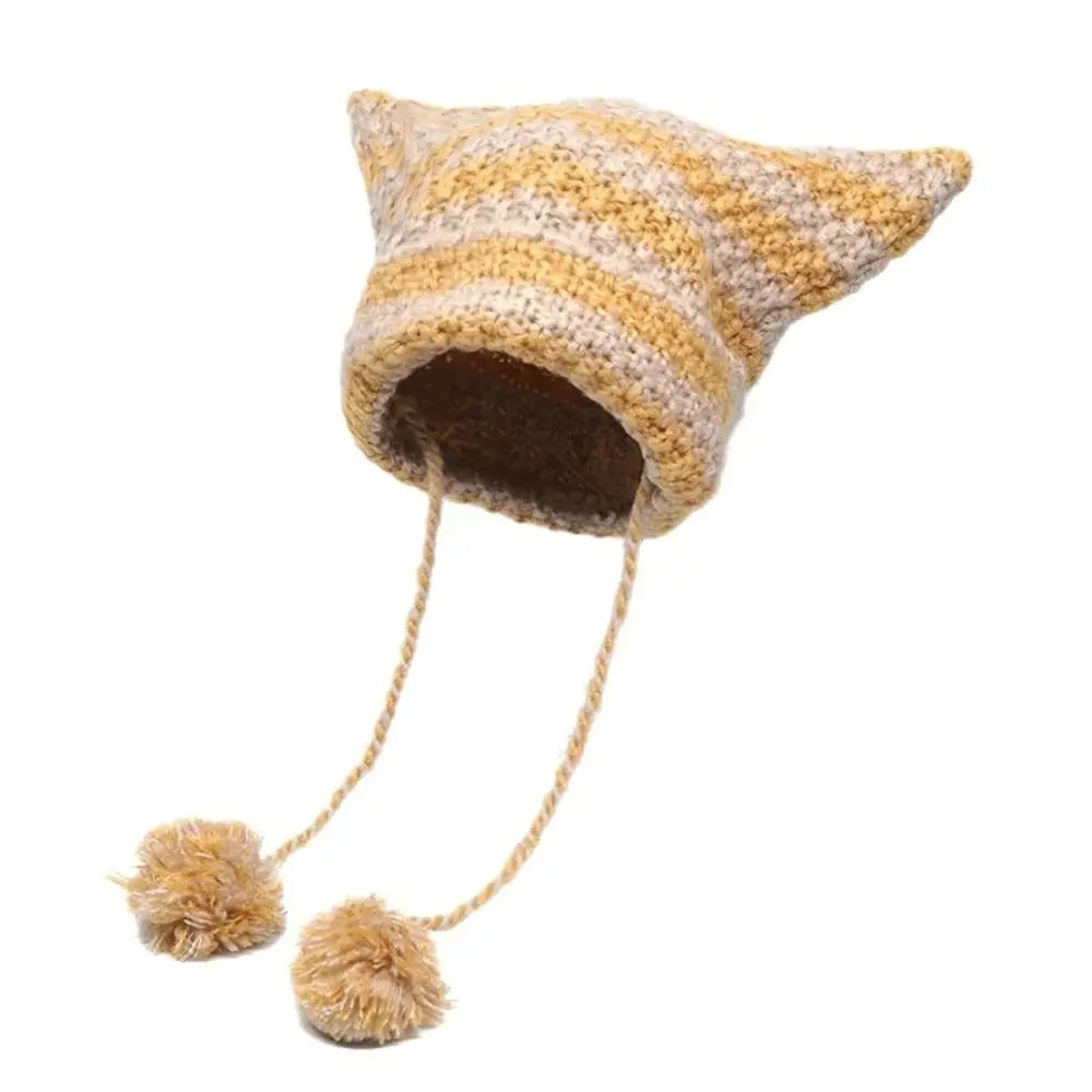 Fshion Y2K Knitting Striped Beanie Hat Cute Wool Hanging Ball Knitted Beanie Hat Cat Ears Pointed Pullover Hats Autumn Winter