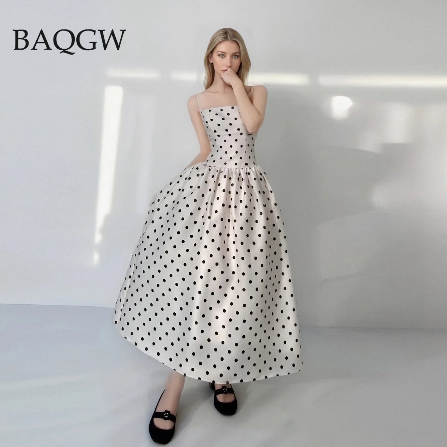 Vintage Dot Printing Slimming Long Dresses for Women Square Collar Sleeveless Backless High Waist Elegant Dress Female Style New