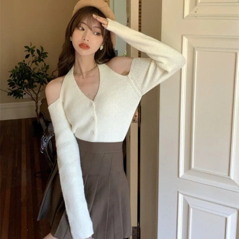 OCEANLOVE Short Cardigans Solid Halter Single Breasted Autumn Winter Woman Sweaters V Neck Y2k Sexy Korean Fashion Sueter Mujer