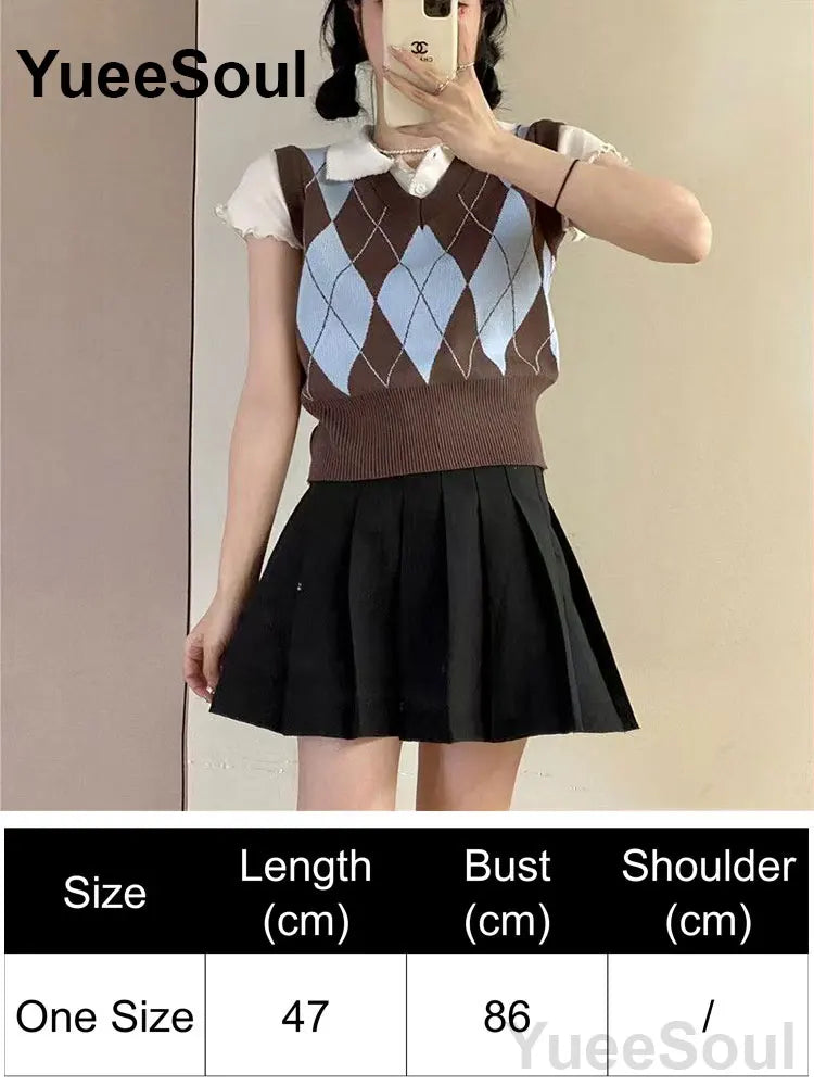 Blue Argyle Women's Vest Plaid Sleeveless Pullover Loose Knitted Sweater Vest 2026 New Autumn Y2K Casual Oversized Waistcoat