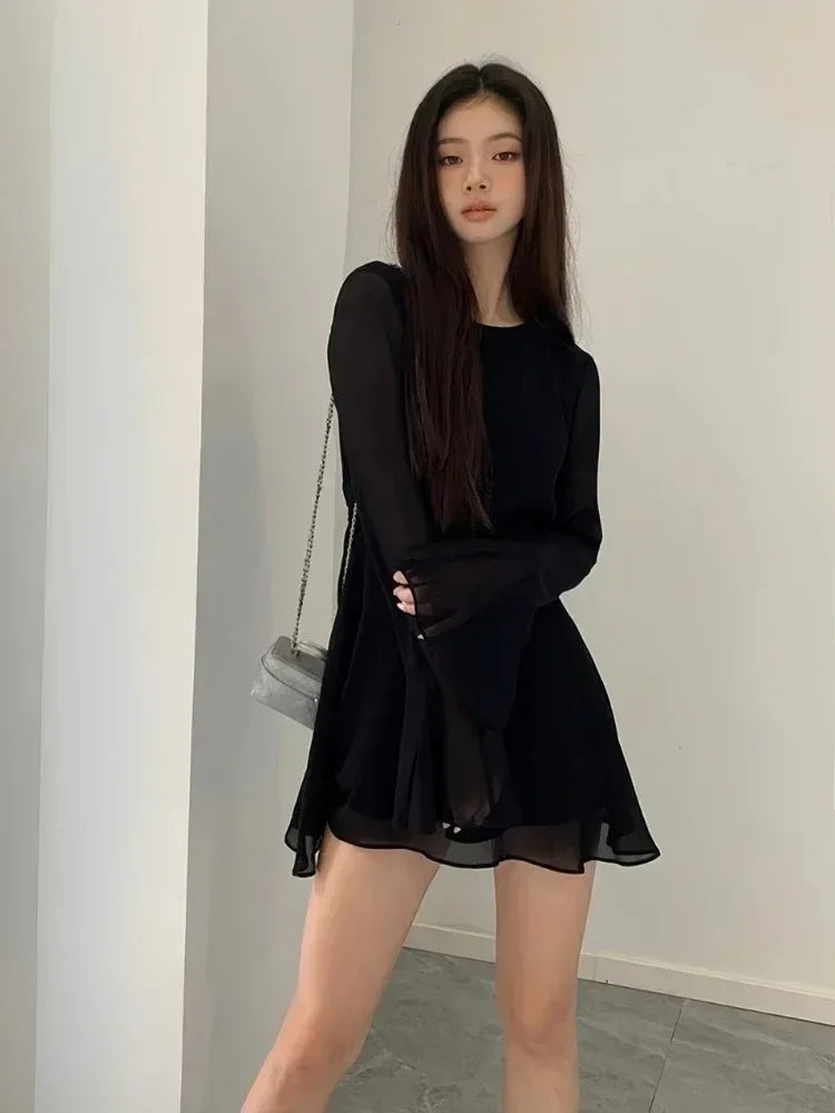 Sexy Backless Black Dress Women Back Hollow Out Lace-up Long Sleeve Mesh Patchwork Dress Elegant Slim Ruffle Mini Dress Party