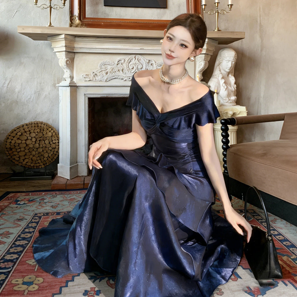 Off-Shoulder V-Neck Ruffled Mermaid A-Line Mid-Calf Evening Gown | Inspired by Beren Saat