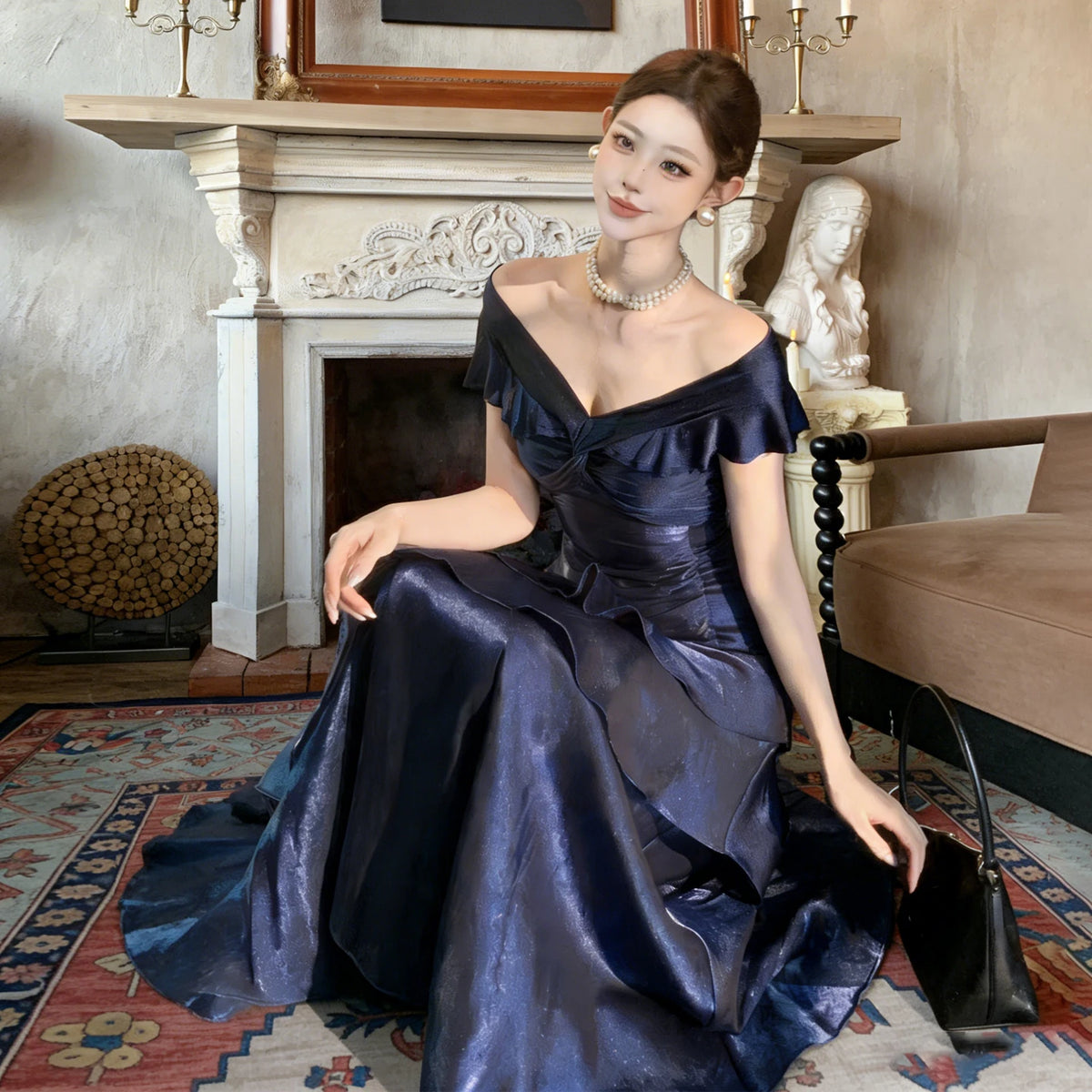 Off-Shoulder V-Neck Ruffled Mermaid A-Line Mid-Calf Evening Gown | Inspired by Beren Saat