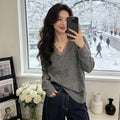 V-Neck Lace Splice Knit Long Sleeve Sweater Top | Inspired by Wonyoung