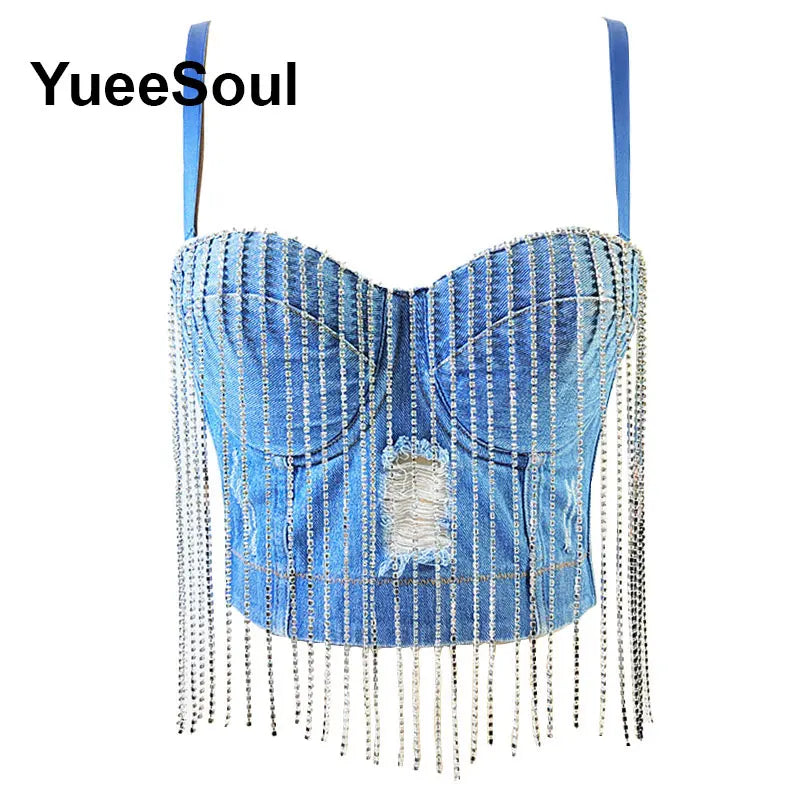 Denim Crop Tops Pearl Tassel Diamond Flower Blue Sleeveless Sexy Corset 2000s 2026 Summer New Y2K Party Evening Woman Clothes