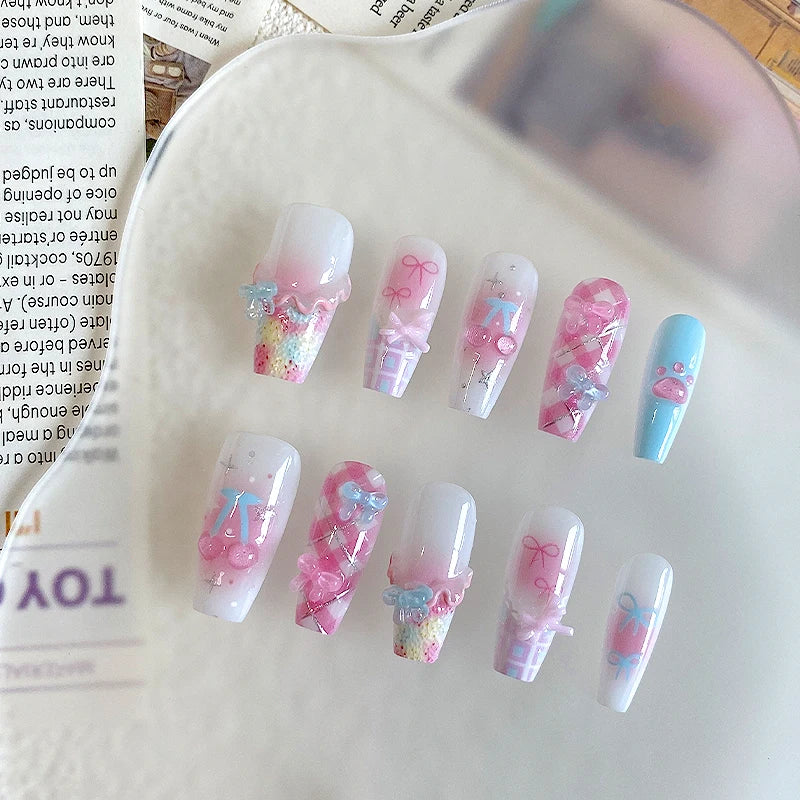 10pcs Pure Handmade Coffin Shaped Nail Art, Beautiful Fake Nails, Playful Pink White Blue Nail Art, Suitable for Women to Use