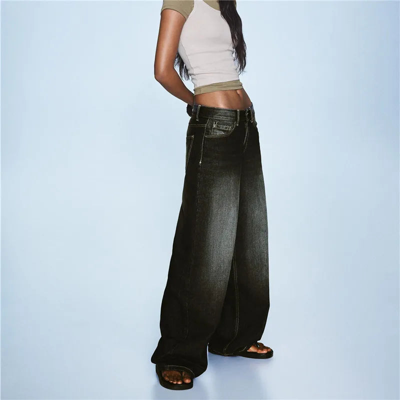 Womens Baggy Jeans Low Rise Wide Leg Denim Pants with Pockets Casual Long Trousers for Daily Office Y2K Vintage Streetwear