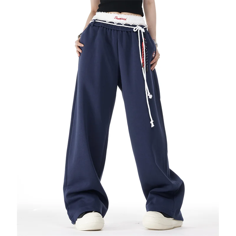 Blue Sweatpants Women Harajuku High-Waisted Loose Fashion Casual Wide-Leg Pants Lazy Tie Street Dance Jazz Hip-Hop Trousers