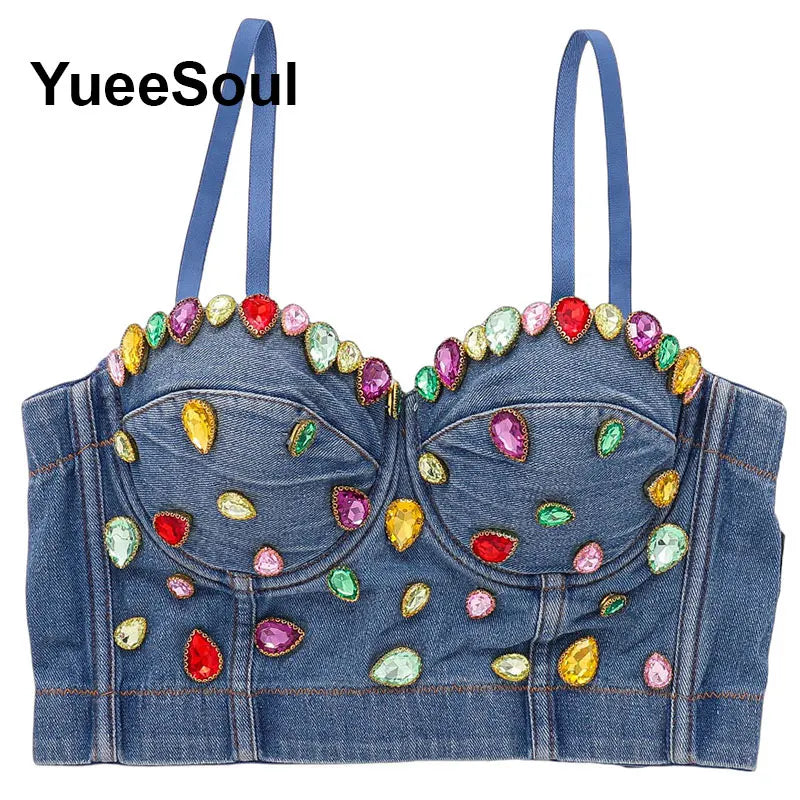 Denim Crop Tops Pearl Tassel Diamond Flower Blue Sleeveless Sexy Corset 2000s 2026 Summer New Y2K Party Evening Woman Clothes