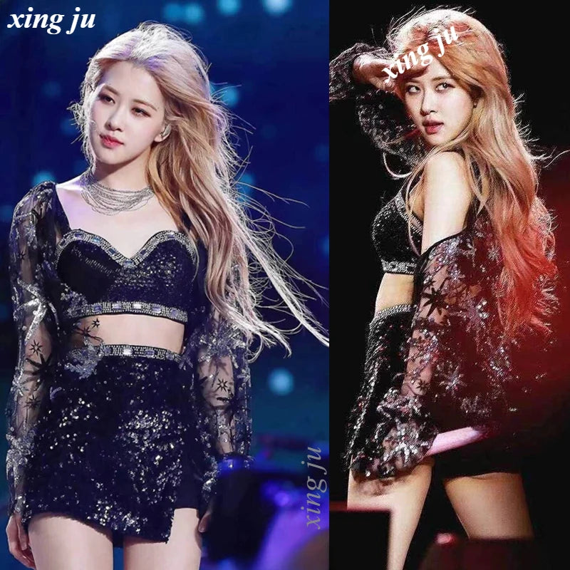 Kpop Korean Singer Women Y2k Stage Dance Shiny Sling Tops Jazz Dancewear Performance Costume Sequins Skirt Sexy Festival Outfits