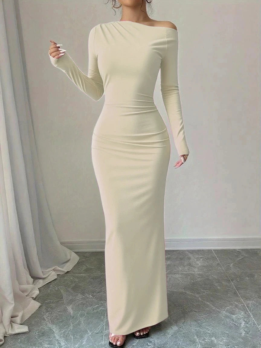 Trendy Elegant High-Waist Long-Sleeved Bodycon Dress Autumn New Style Individual Solid Color Figure-Hugging Sexy
