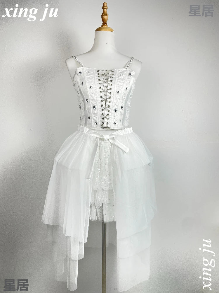 New Korean Women Group Jazz Dance White Lace-up Vest Sling Tops Sweet Princess Skirt Kpop DJ Dance Outfits Singer Stage Costume