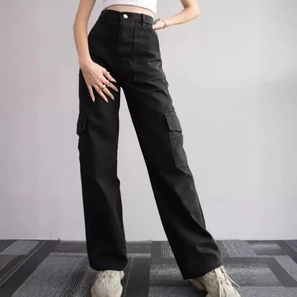 Women Cargo Pants Mid-rise Button Zipper Waist Casual Trousers with Multi Pockets Straight Leg Loose Fit Solid Color Long Pants