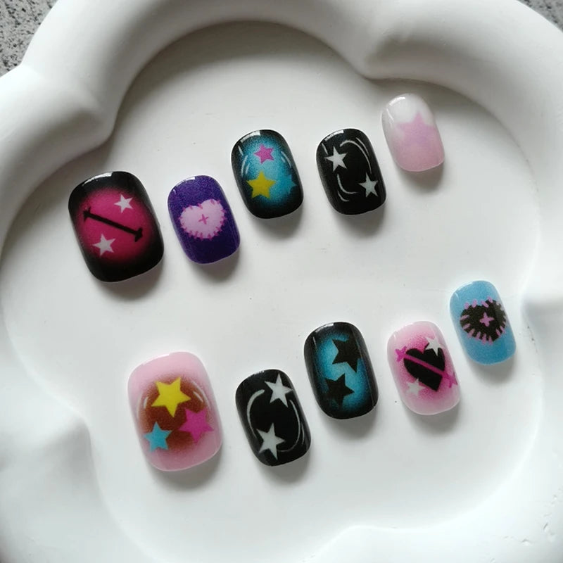 10Pcs Korean Style Candy Color Star and Heart Press On Nails Little Fresh Style Cat-eye Reusable Fake Nail Art Patch Stickers