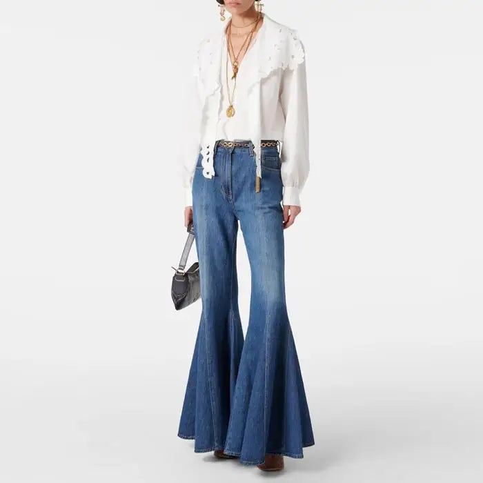 Retro Blue High-waisted Flared Slim-fitting Jeans New Mopping and Thin Fishtail Flared Pants Trousers