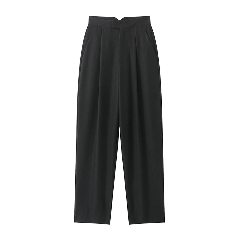 Willshela Women Fashion Black Front Zipper Pleated Straight Pants Vintage High Waist Full Length Female Chic Lady Trousers
