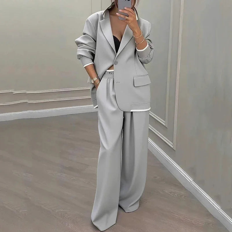 Women's Pants Suit Loose Solid Color Autumn Winter Commuting Long sleeved Lapel Top Wide leg Trousers Two piece Set Clothing