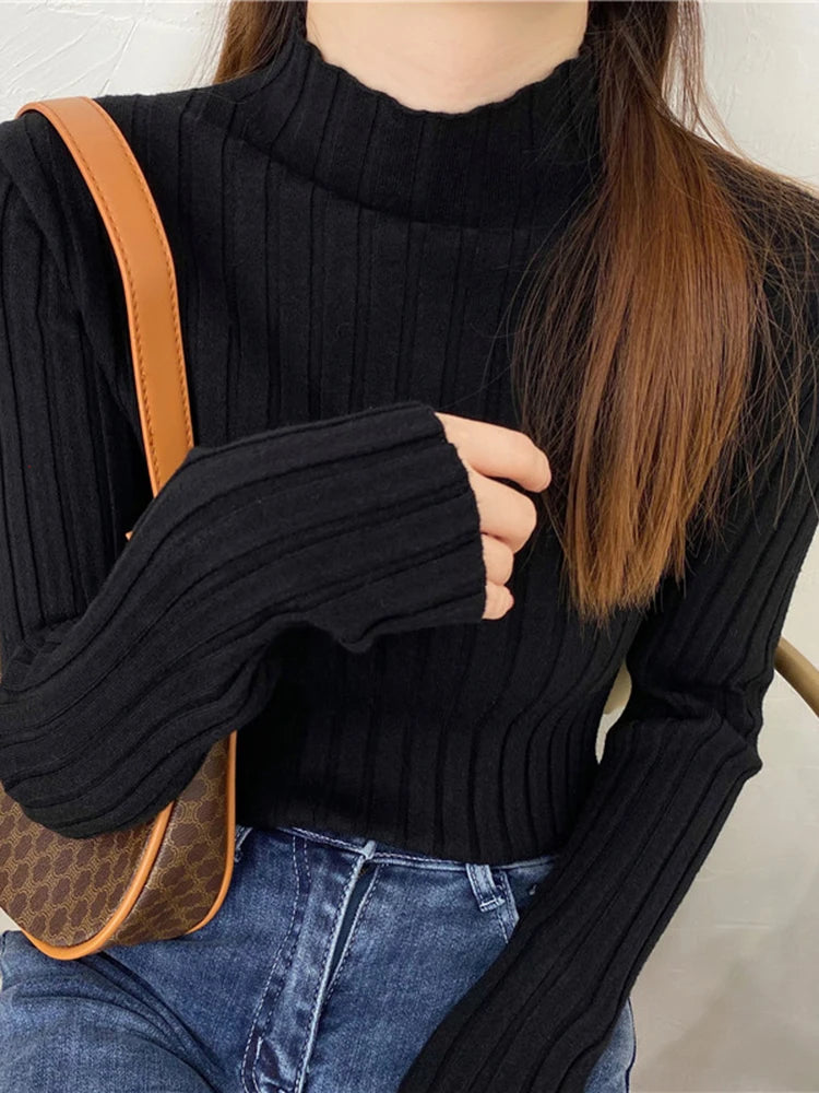 Autumn Winter Knitted Ribbed Turtleneck Sweater Women Clothes 2026 Long Sleeve Slim Basic Pullover Woman Sweaters Solid Tops