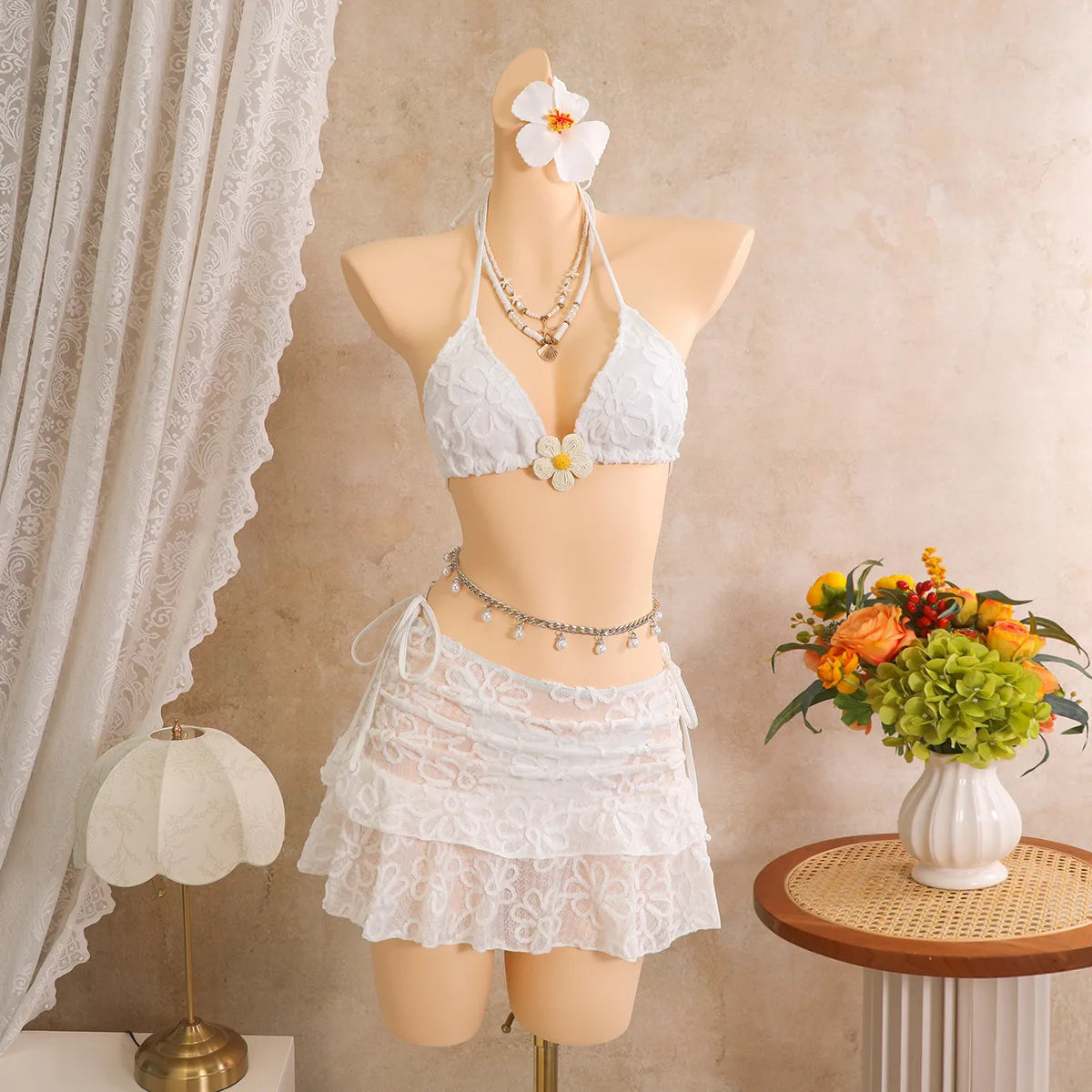 Sexy Pink Floral Embroidery Bikinis Sets 2026 Women 3D Flower Push Up Bra Swimsuit Bathing Suit Pleate Skirt 3 Piece Swimwear