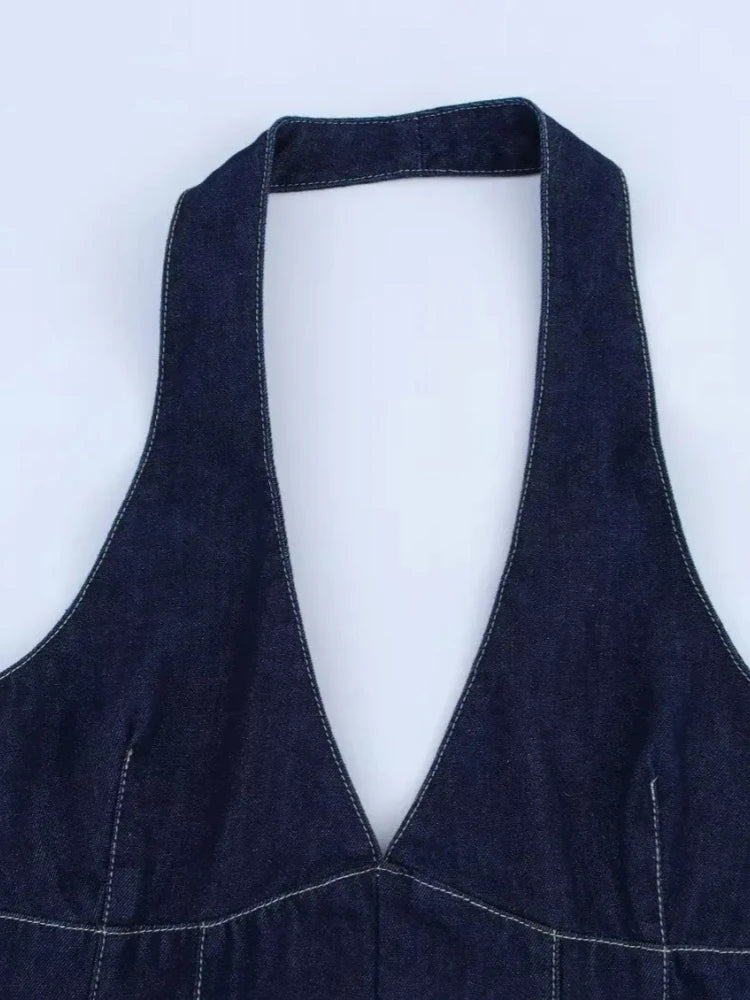 Chu Sau beauty Women New Fashion Vintage Halter Neck Chic Sleeveless Short Denim Dress Sexy Slim Backless Mini Dresses