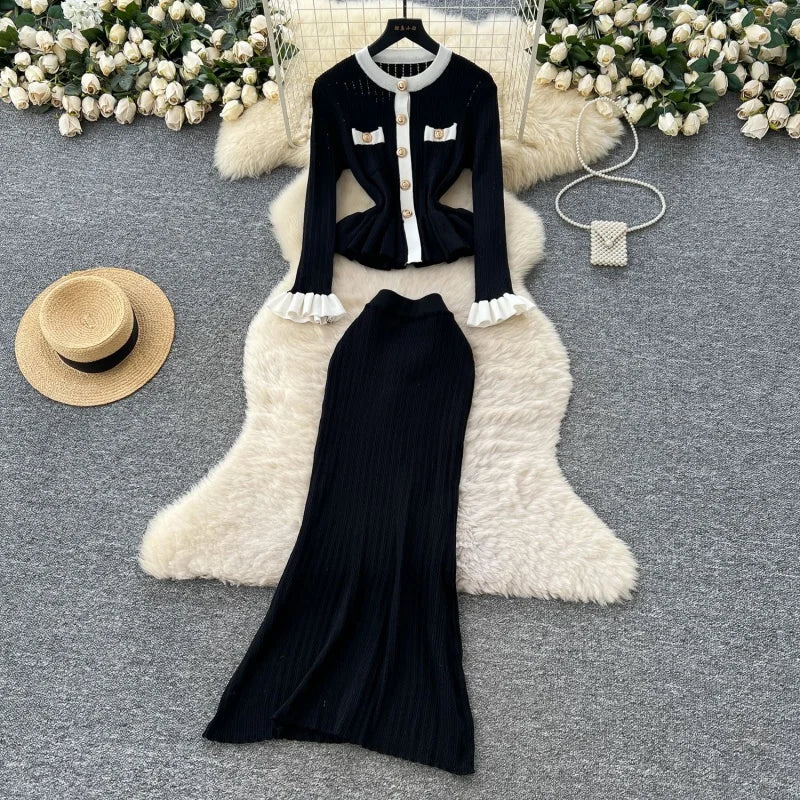Elegant Colorblock Knitted 2 Piece Sets Women Outfit Spring Clothes Women Long Sleeve Top Mermaid Skirt Suit OL Style Dress Sets