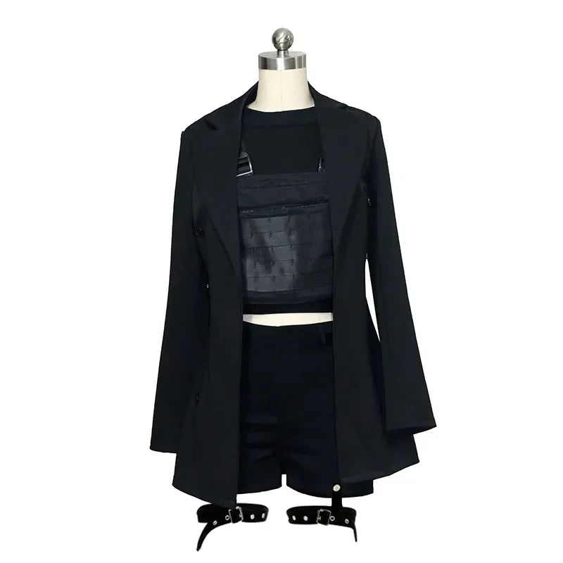 kpop Korean Celebrity show black hip hop short vest lapel jacket coat tops+sexy High waist mini skirts slim shorts women outfits