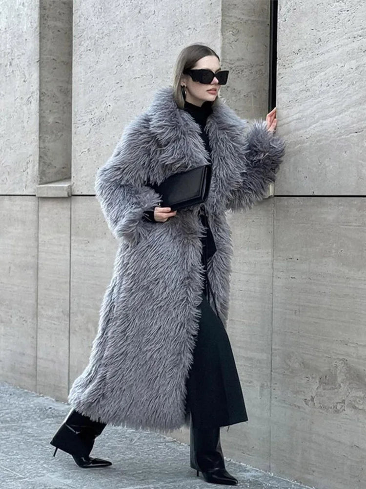 DEAT Fashion Gray Long Imitation Fur Coat Women's Lapel Loose Long Sleeves Plush Thick Overcoat Winter New 7A1438