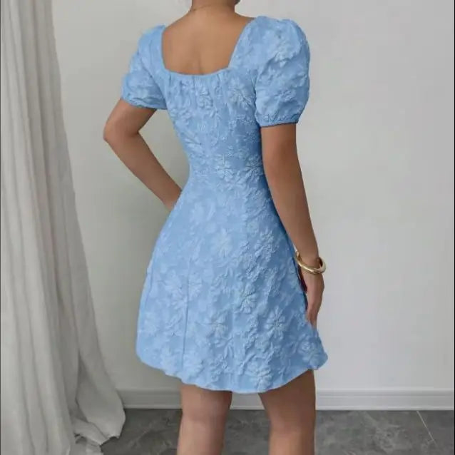 Smvp Ladies' light blue jacquard A-line dress, square neck, puffed sleeves, high waist, elegant and casual short dress