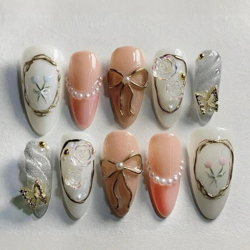 24PCS Sweet Purple Gradient French False Nails with Glue 3D Flowers Butterfly Ripples Almond Press on Nails Aurora Nails Patches
