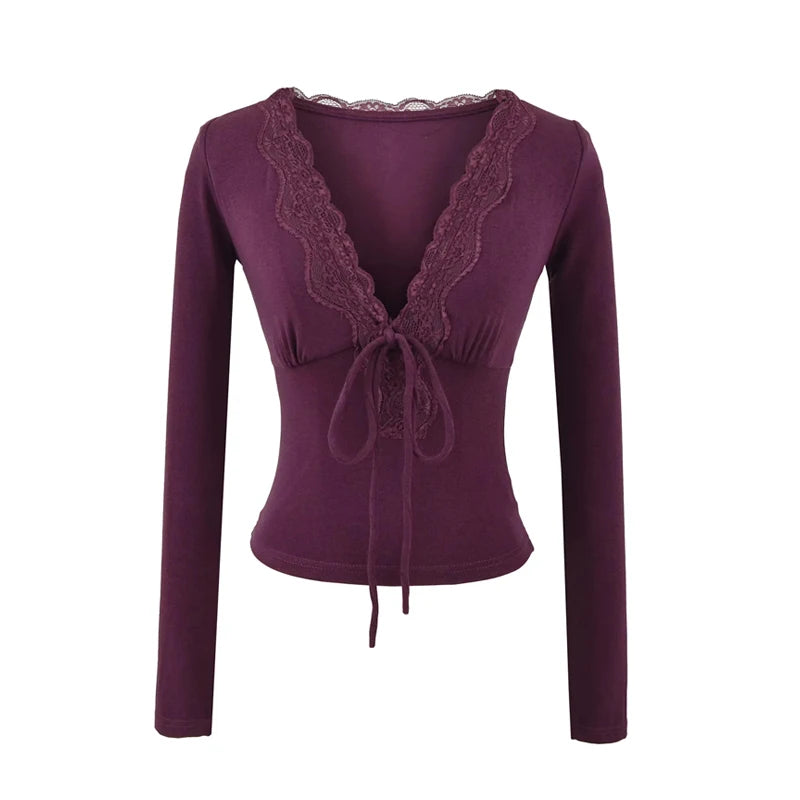 Women's Lace Trim Plunge V Neck Long Sleeved Slim Fit Top