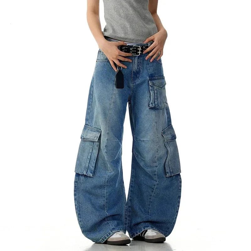 American Style Jeans Curved Knife Wide Leg Washed Worn-out with Multiple Pockets Men Loose Casual Floor Denim Jeans