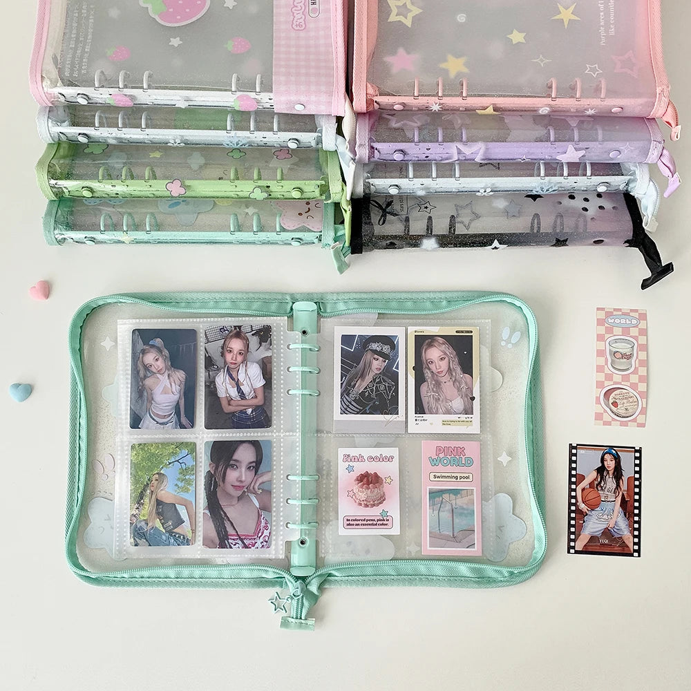Hot selling Korean INS Fashion A5 PVC Zipper Loose leaf Album Cute Girl Idol Photos 4-Grid Storage Card Holder Photo Frame Gifts