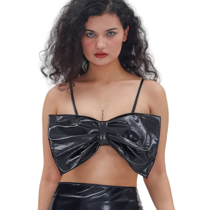 Bow Tie Sexy Spaghetti-strap Top Gilded Lacquered Costume Stage Performance Outfits Sweet Clothes for Women Summer