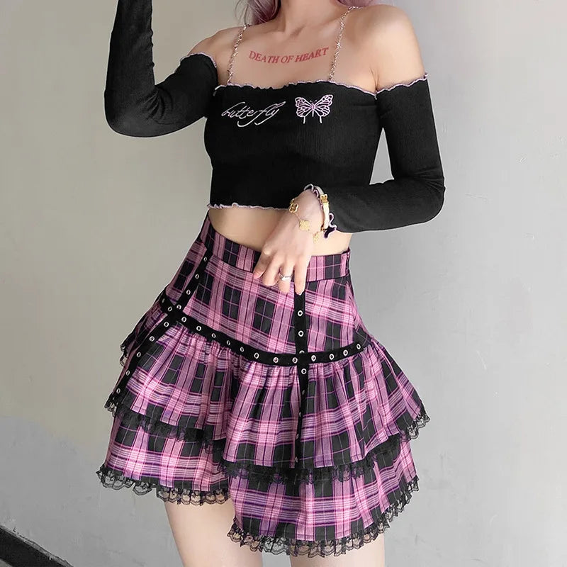 Mall Goth Gothic Lace Ruffle Mini Skirts Womens Harajuku Fairy Grunge Pink Plaid Pleated Skirt Japanese Lolita Streetwear