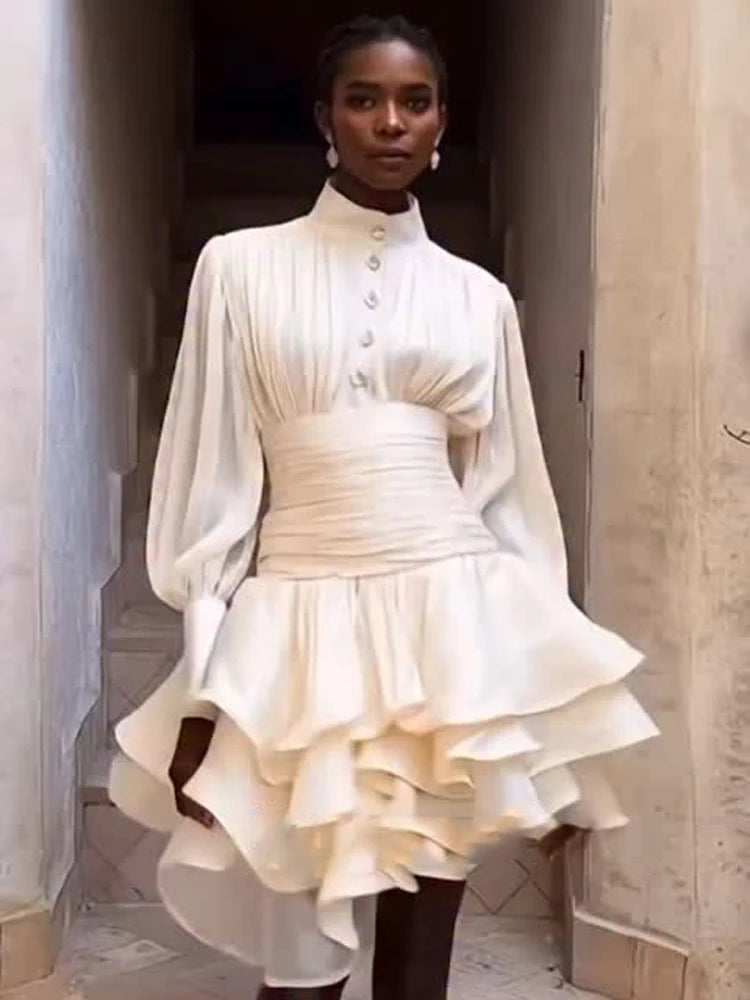Victorian Puff-Sleeve Ruched Tiered Cottagecore Mini Dress | Inspired by Neslihan Atagül