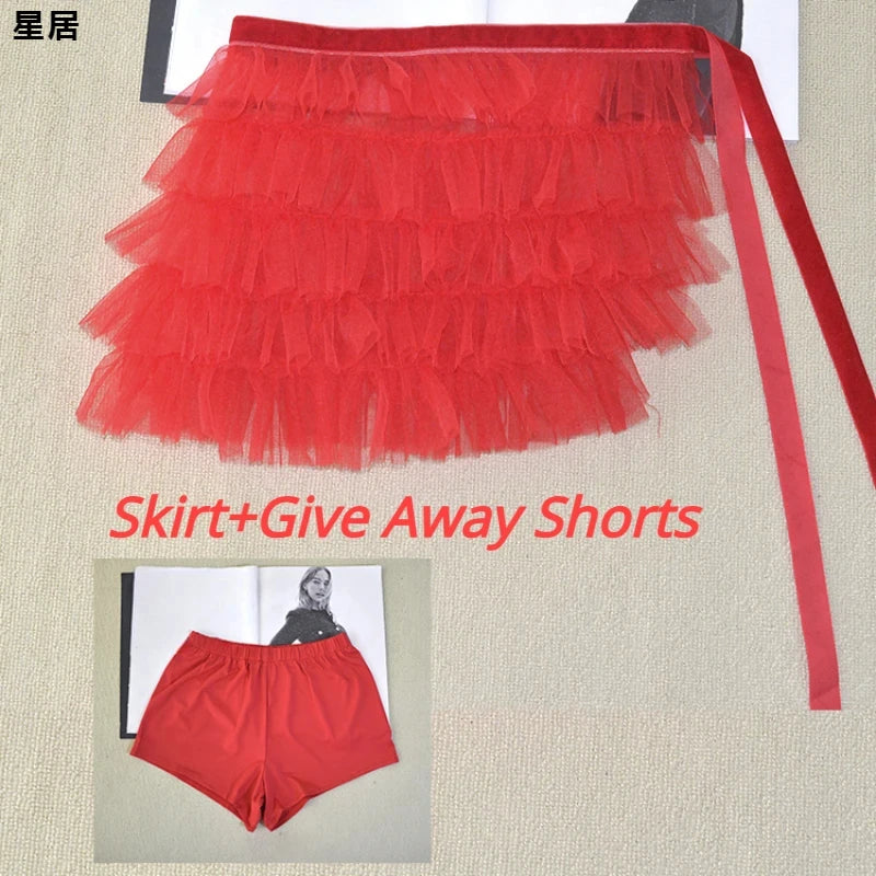 Kpop Korean Women Group Y2k Jazz Dance Costume Red Flower Halter Vest Crop Top Lace-Up Puffy Skirt Club Stage Performance Outfit