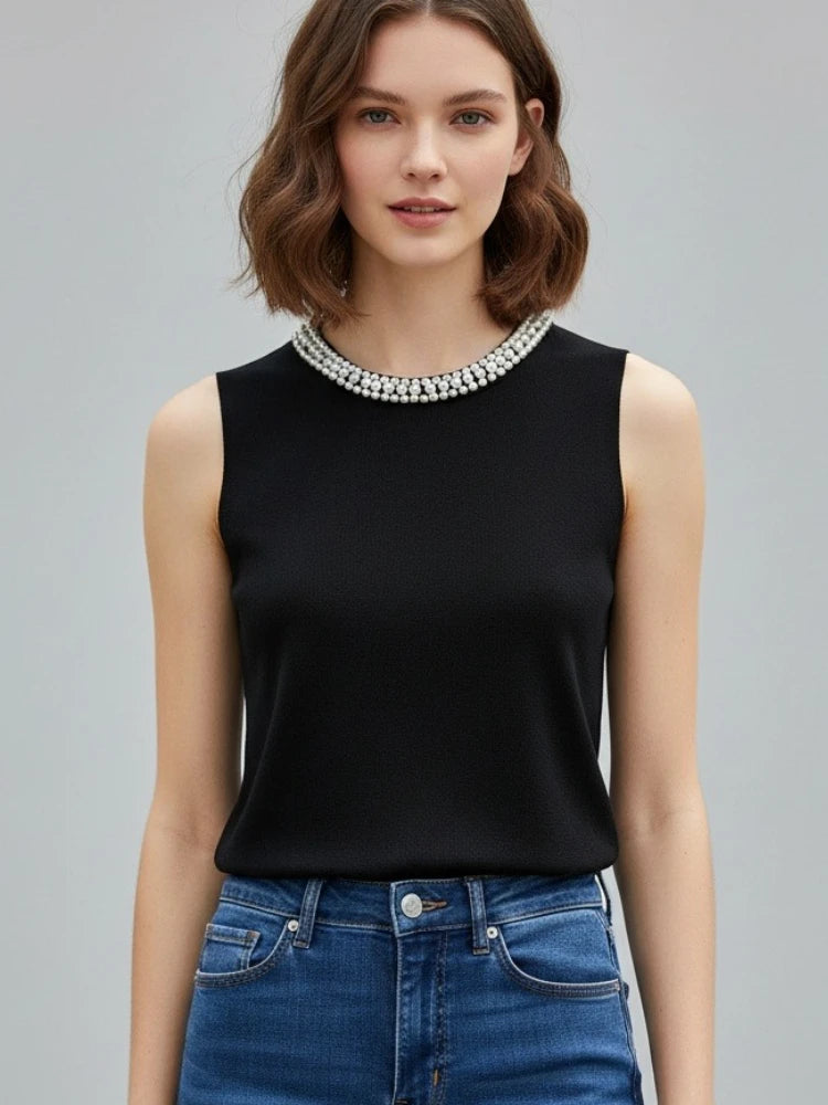 Summer 2026 Korea Knitted Vests Women Tank Top Fashion Female Sleeveless Beading Casual Thin Solid Tank Blusas Mujer De Moda