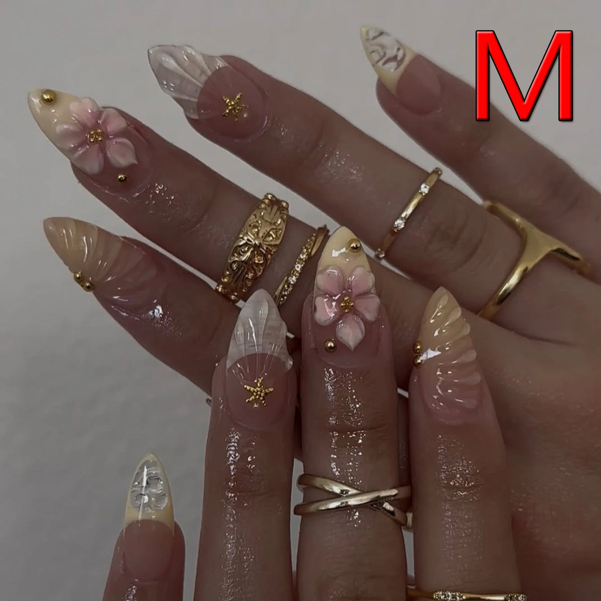 Y2K Handmade Short Almond Tropical Flower Starfish Pearl Press-On Nails